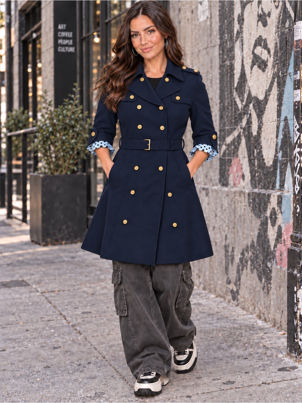 Authentic Y2K Juicy Couture Navy Blue Military Trench Coat Gold Buttons Size L
